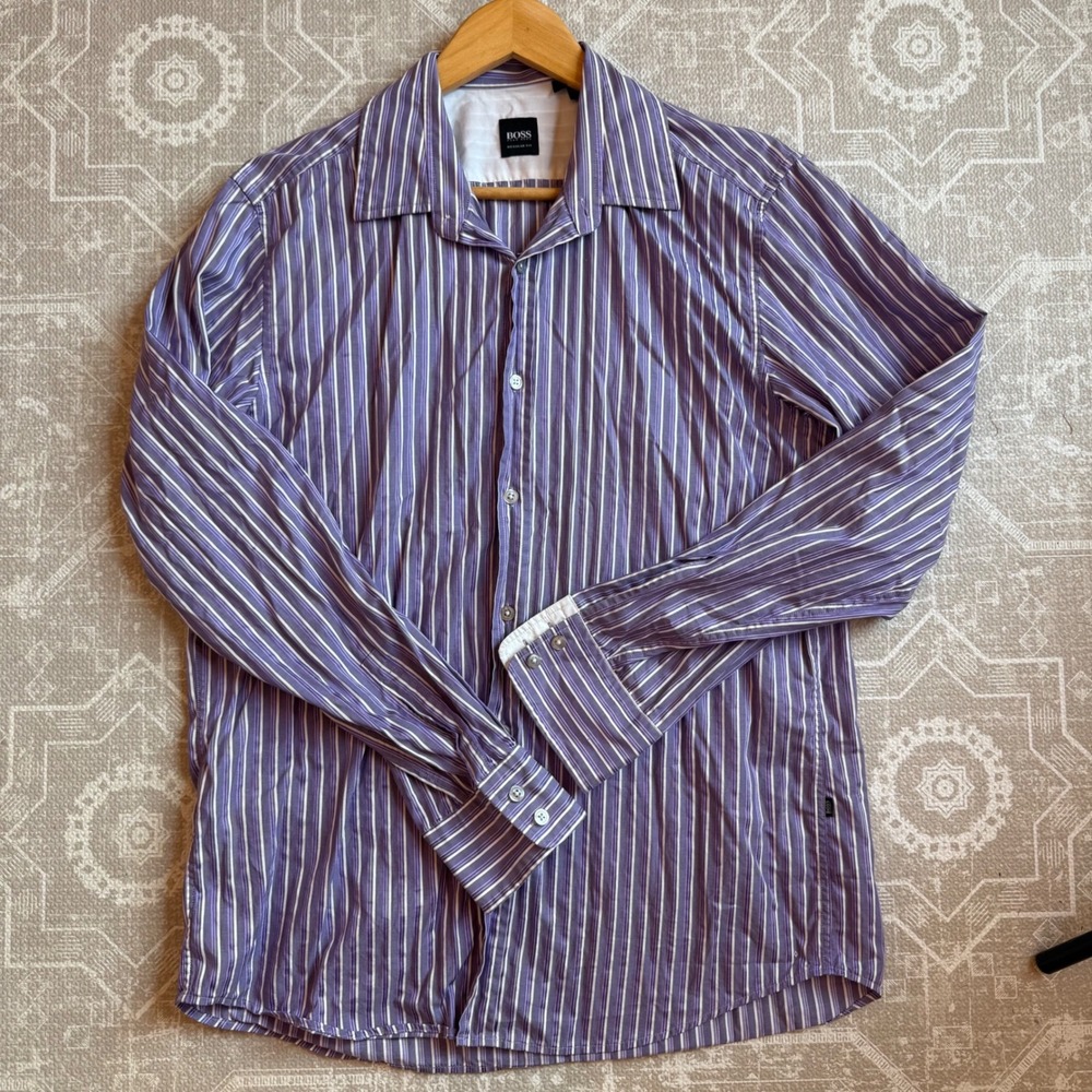BOSS Hugo Boss Mens Purple Striped Regular Fit Long Sleeve Button Down Shirt